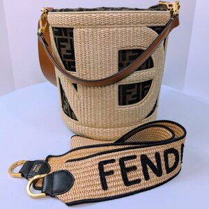 Fendi Step Out Bucket Bag Straw and Zucca Canvas Medium with Rare Strap
